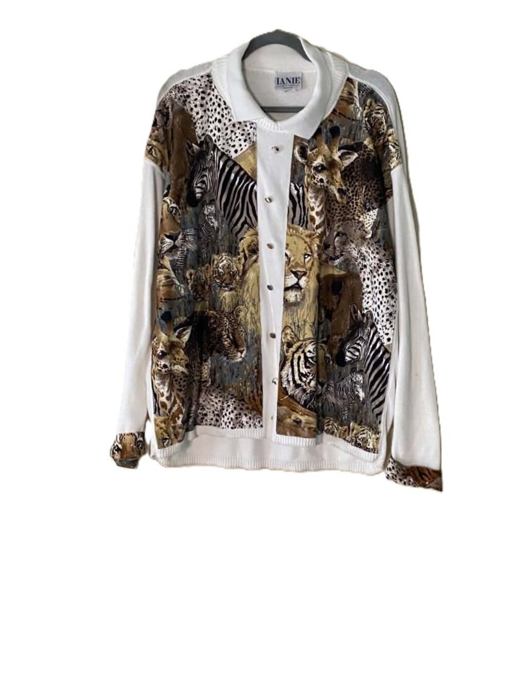 Vintage Lanie New York Safari Animal Print Cardigan Sweater 100% Cotton USA